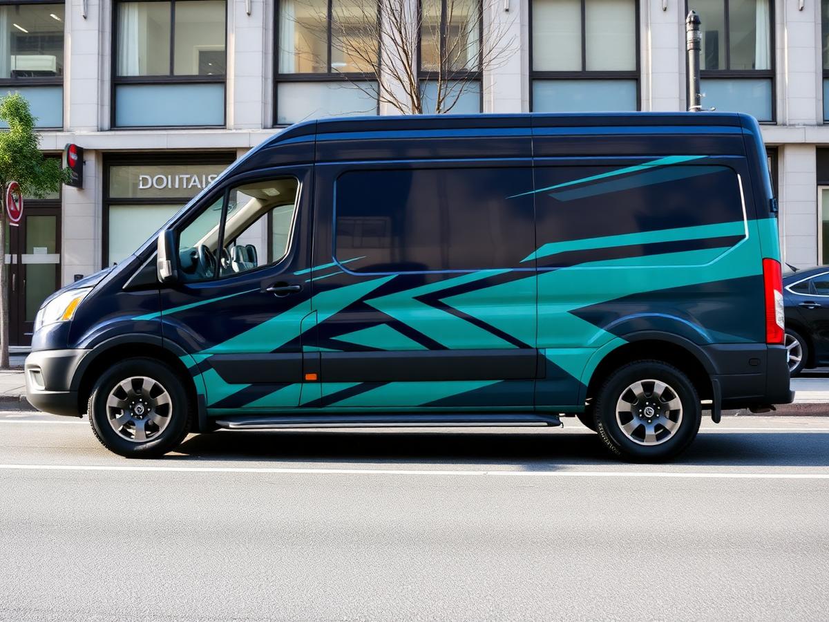 Commercial van with a full navy and teal vehicle wrap